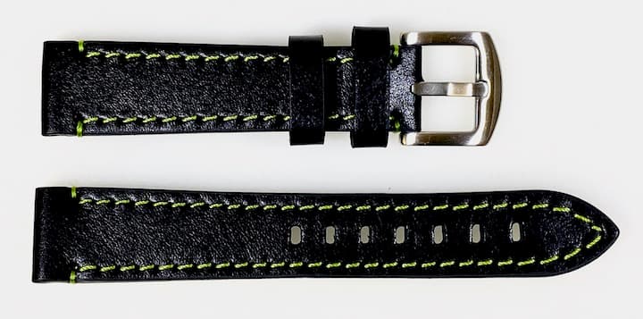 22mm Vostok, Armband AVIATOR, Kalbsleder, schwarz, grün gesteppt (LD22-06)