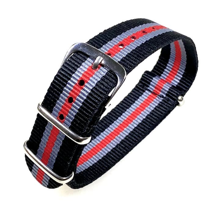 VOSTOK 18mm NATO Armband, Nylon, schwarz mit grauen und roten Streifen (NATO18-05)