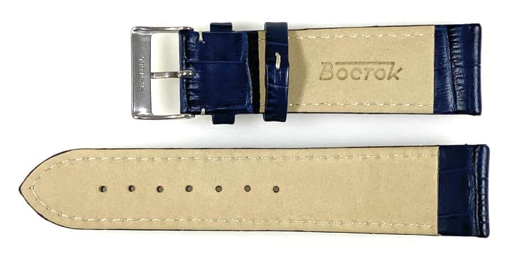 22mm, original black leather strap by VOSTOK, blue, white stitched (LD22-01) - 2