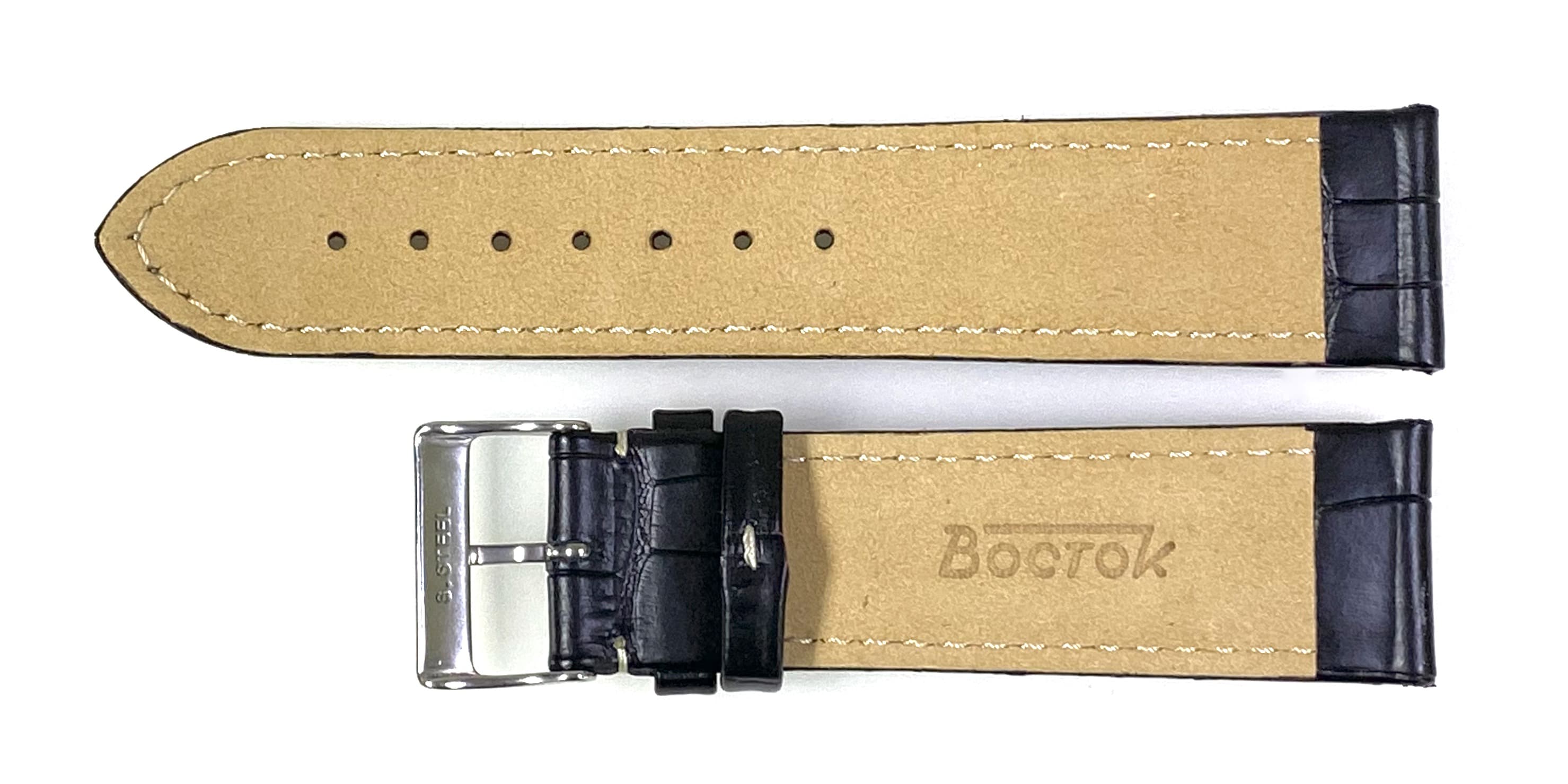 22mm, VOSTOK leather strap, black, white stitched (LD22-11) - 2